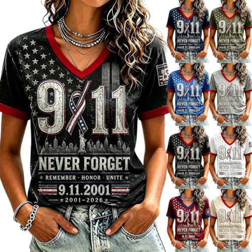 Twin Towers Anniversary Print V-Neck Short Sleeve Women's T-Shirt