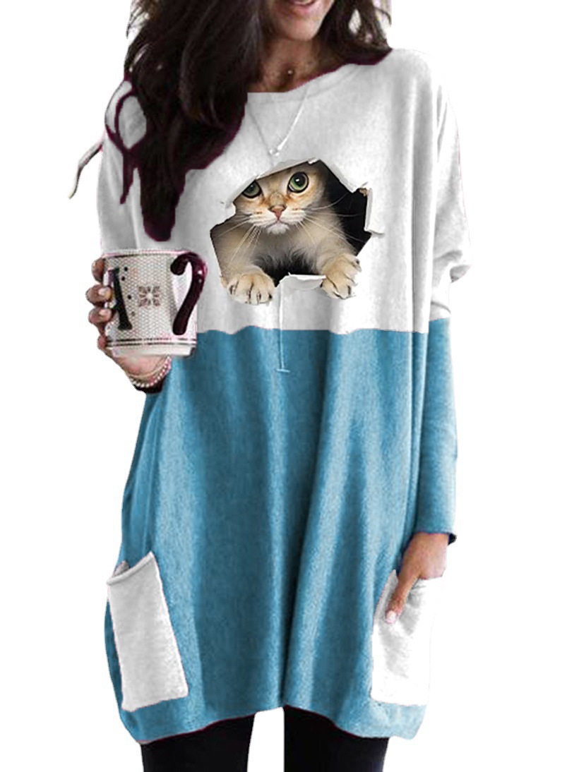 Color Block Cat Print Crewneck Long Sleeve T-Shirt for Women