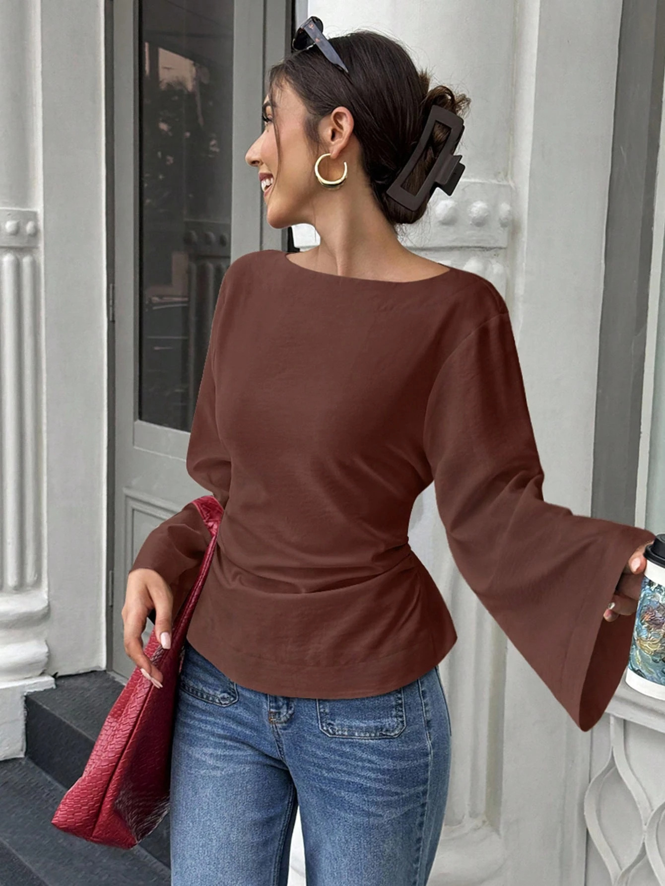 Solid Color Boat Neck Cinched Waist Flare Sleeve Long Sleeve Top
