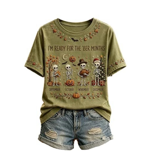 Olive Pumpkin Maple Leaf Print Short Sleeve T-Shirt