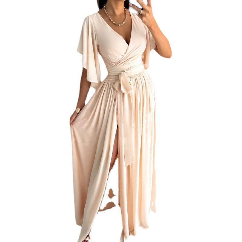 Women's Summer V-Neck Bell Sleeve Split Hem Maxi Dress