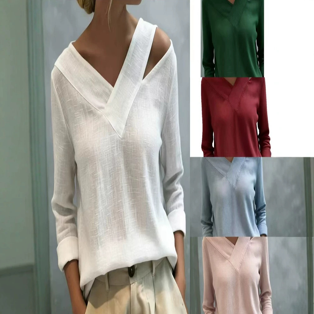Elegant Off-Shoulder V-Neck Long-Sleeve Solid Top