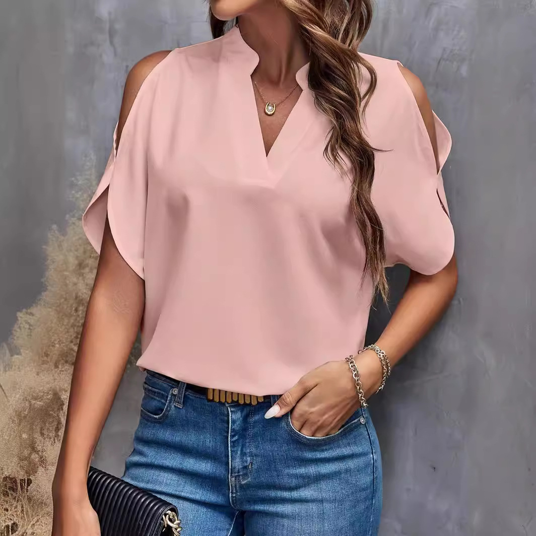 Women's Solid V-Neck Cold-Shoulder Short Sleeve Top