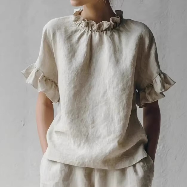French Vintage Ruffle Ruched Crew Neck Cotton Linen Short Sleeve Top