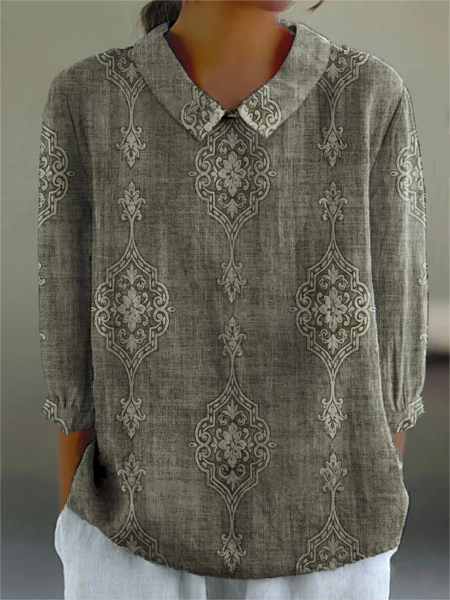 Floral Print Collared Loose Long-Sleeve 3D Print T-Shirt for Women
