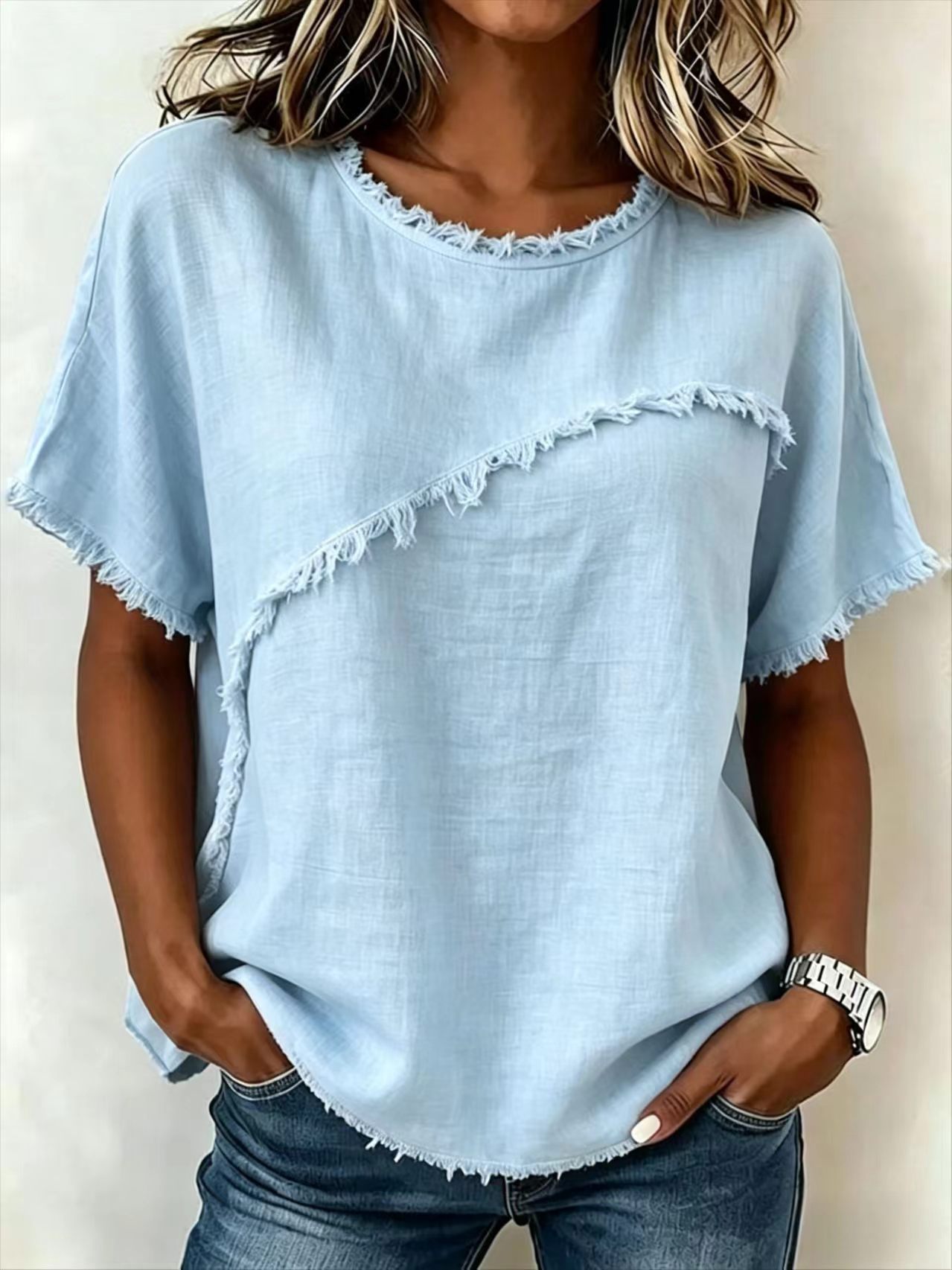 Women's Crewneck Short Sleeve Fringe Spliced Shirt