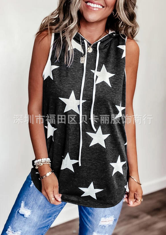 Star Print Hooded Sleeveless Tank Top for Women