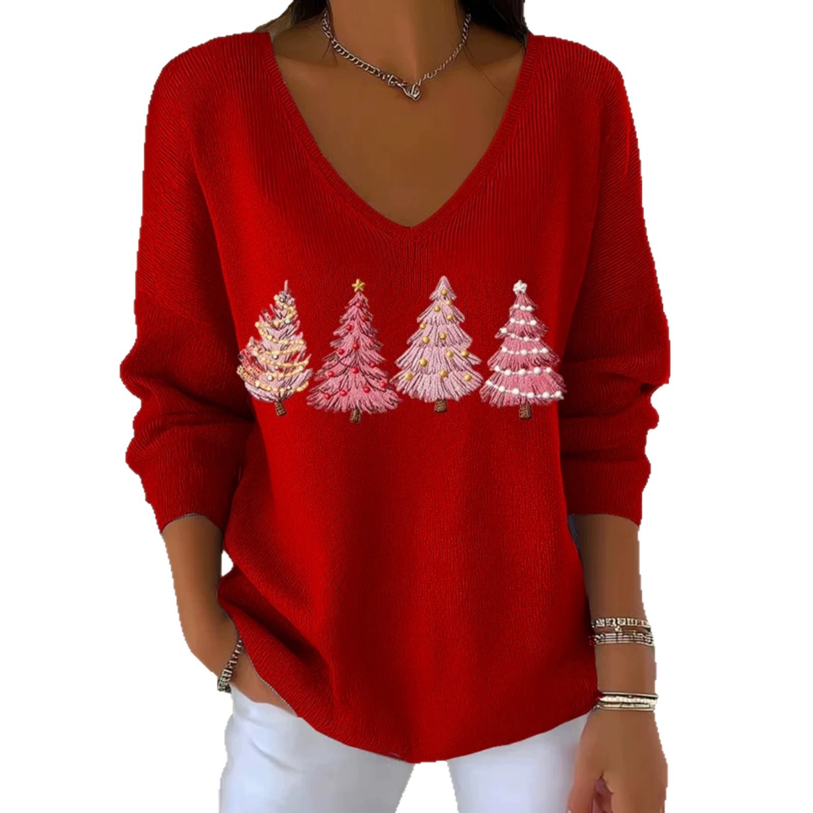 Christmas Tree Ribbon Print V-Neck Long-Sleeve T-Shirt
