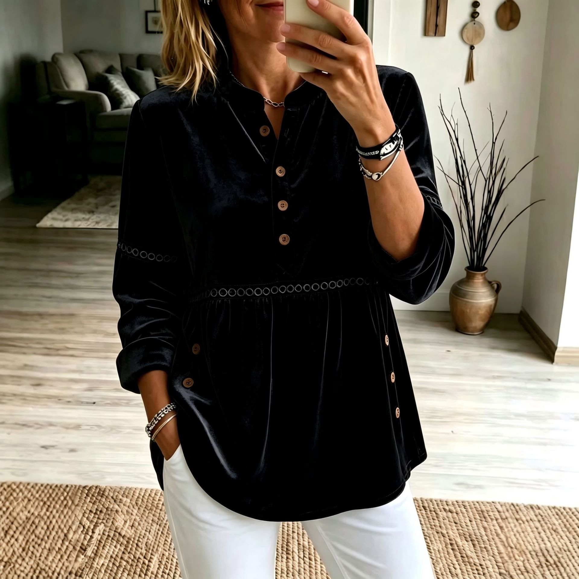 Gold Velvet Stand Collar Half-Button Long Sleeve Loose Casual Top