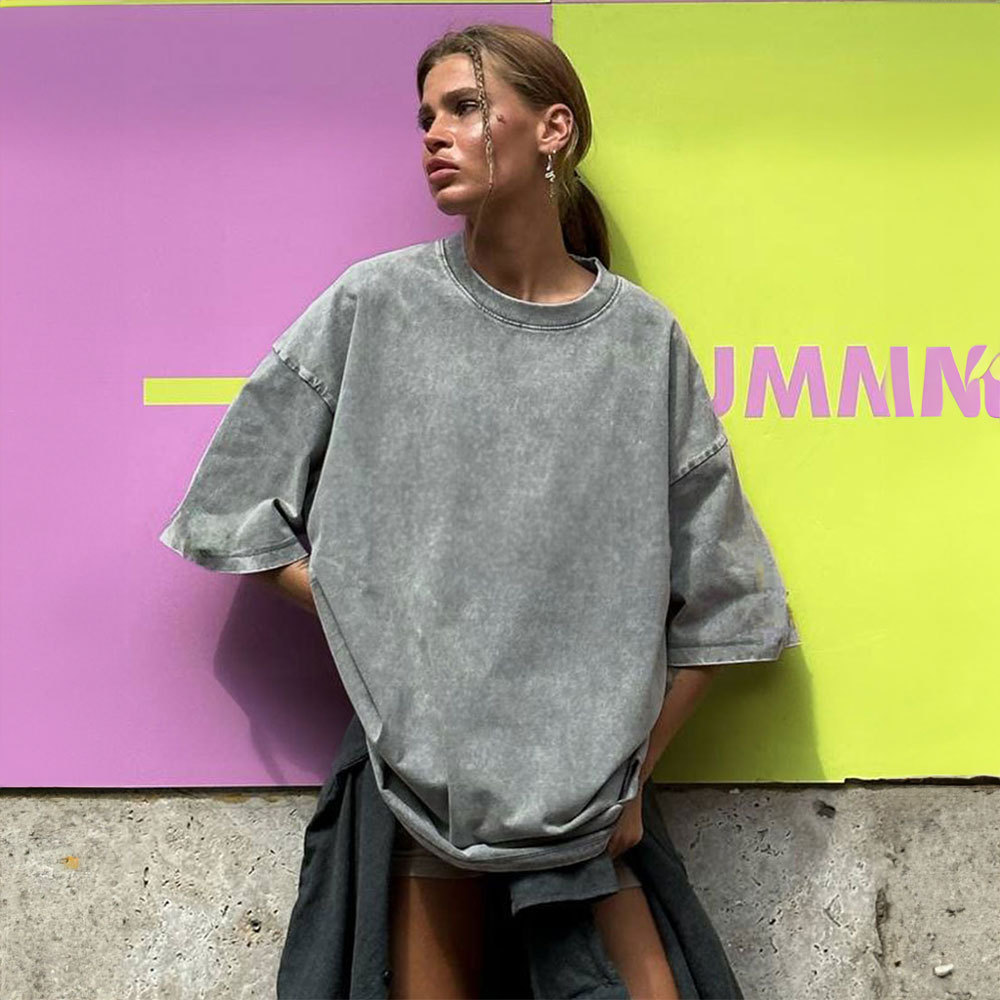 Washed Distressed Short Sleeve T-Shirt Relaxed Crewneck Cotton