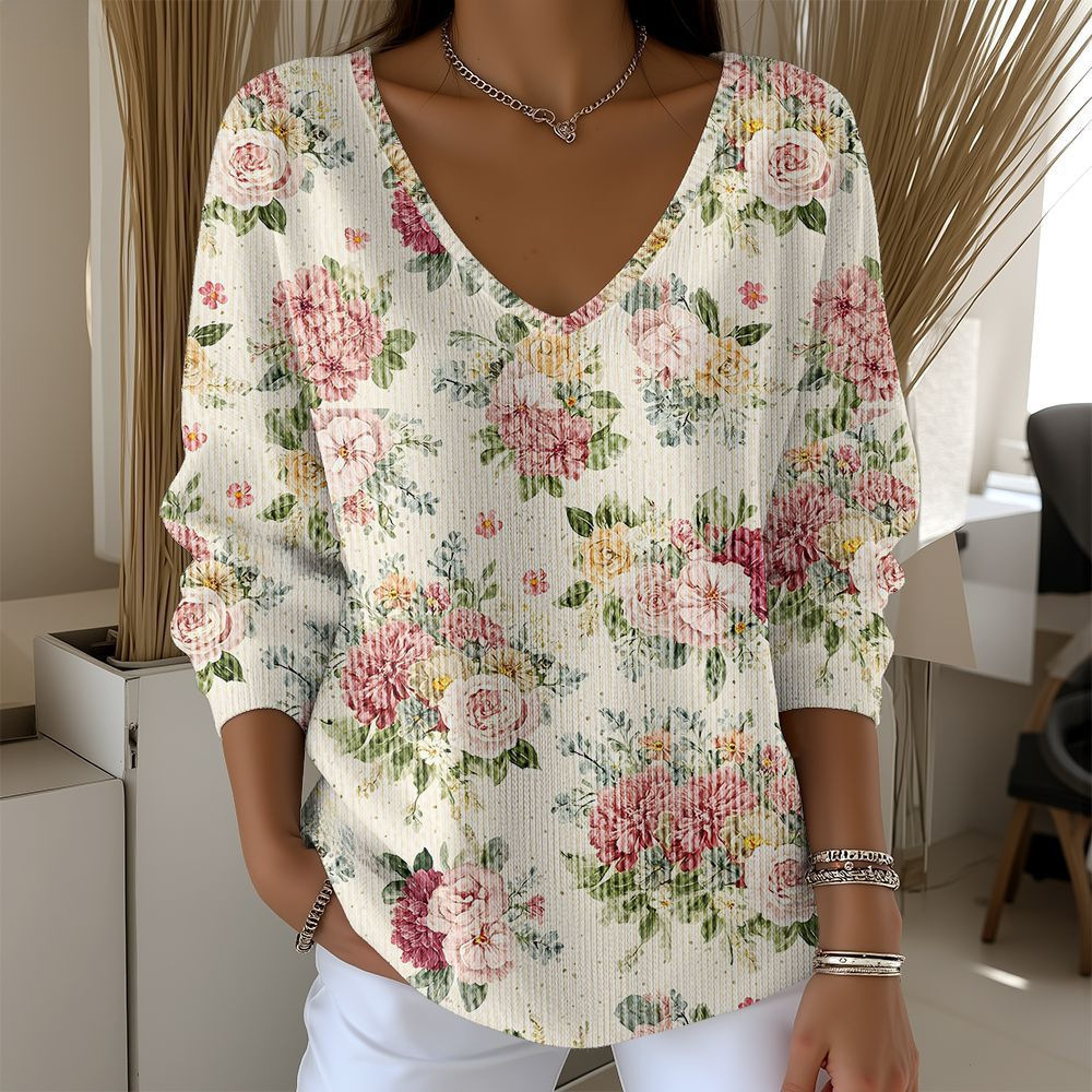 Women's V-Neck Long Sleeve T-Shirt with Animal & Plant Digital Print