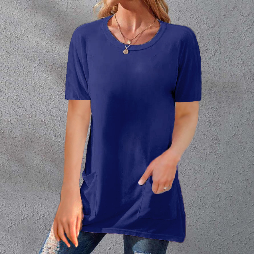 Women's Loose Fit Crewneck Short Sleeve Pocket Solid Midi T-Shirt