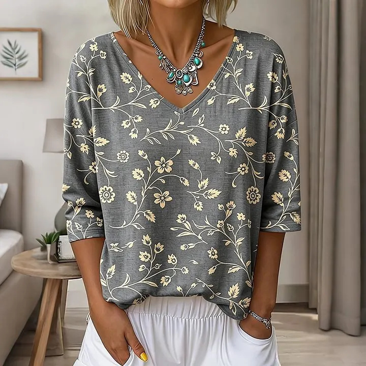 Floral Leaf Print V-Neck Half-Sleeve Women's T-Shirt