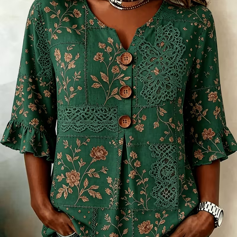 Retro Floral Print Short Sleeve Button-Up Top