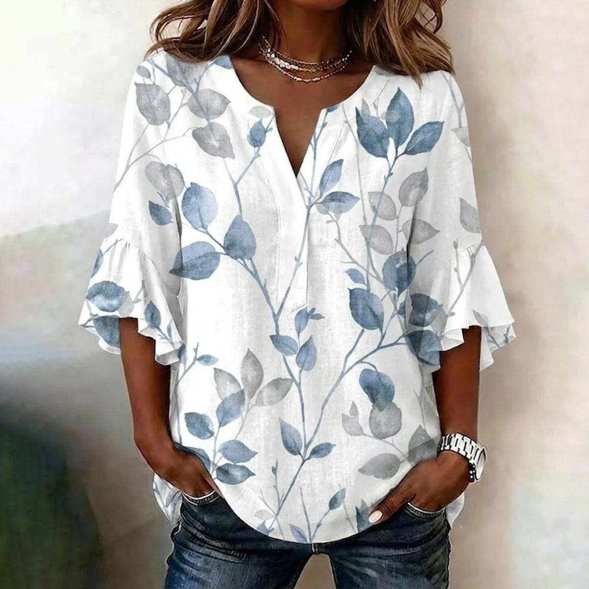 Floral Print Rolled Sleeve V-Neck Women's Top