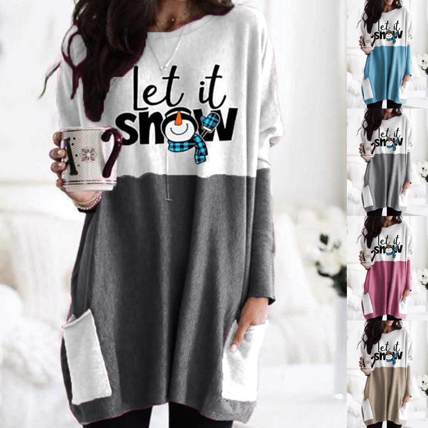 Christmas Letter Snowman Print Crewneck Long-Sleeve T-Shirt