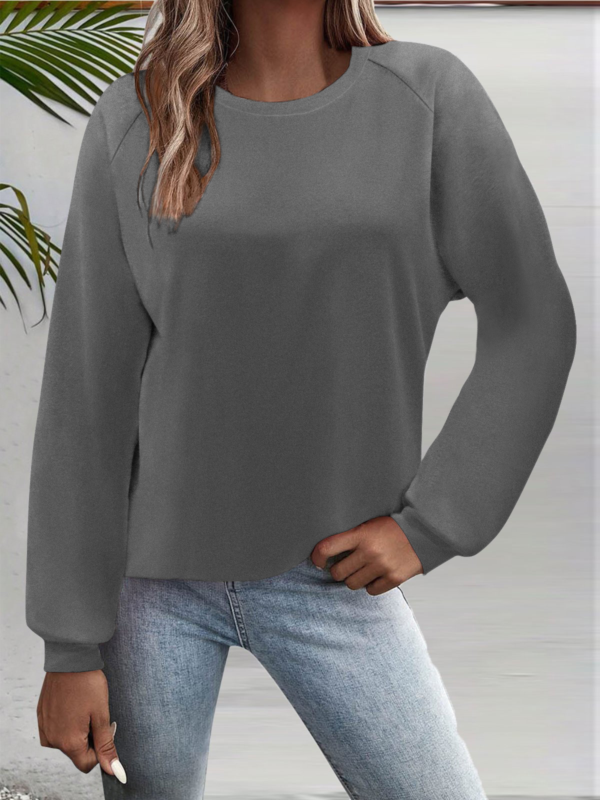Women's Long Sleeve Crewneck T-Shirt Solid Color Loose Fit Top