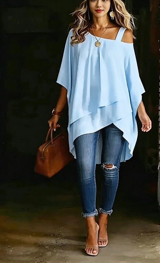 Asymmetric One-Shoulder Solid Color Top Draped Lazy Style Off-Shoulder Women's T-Shirt