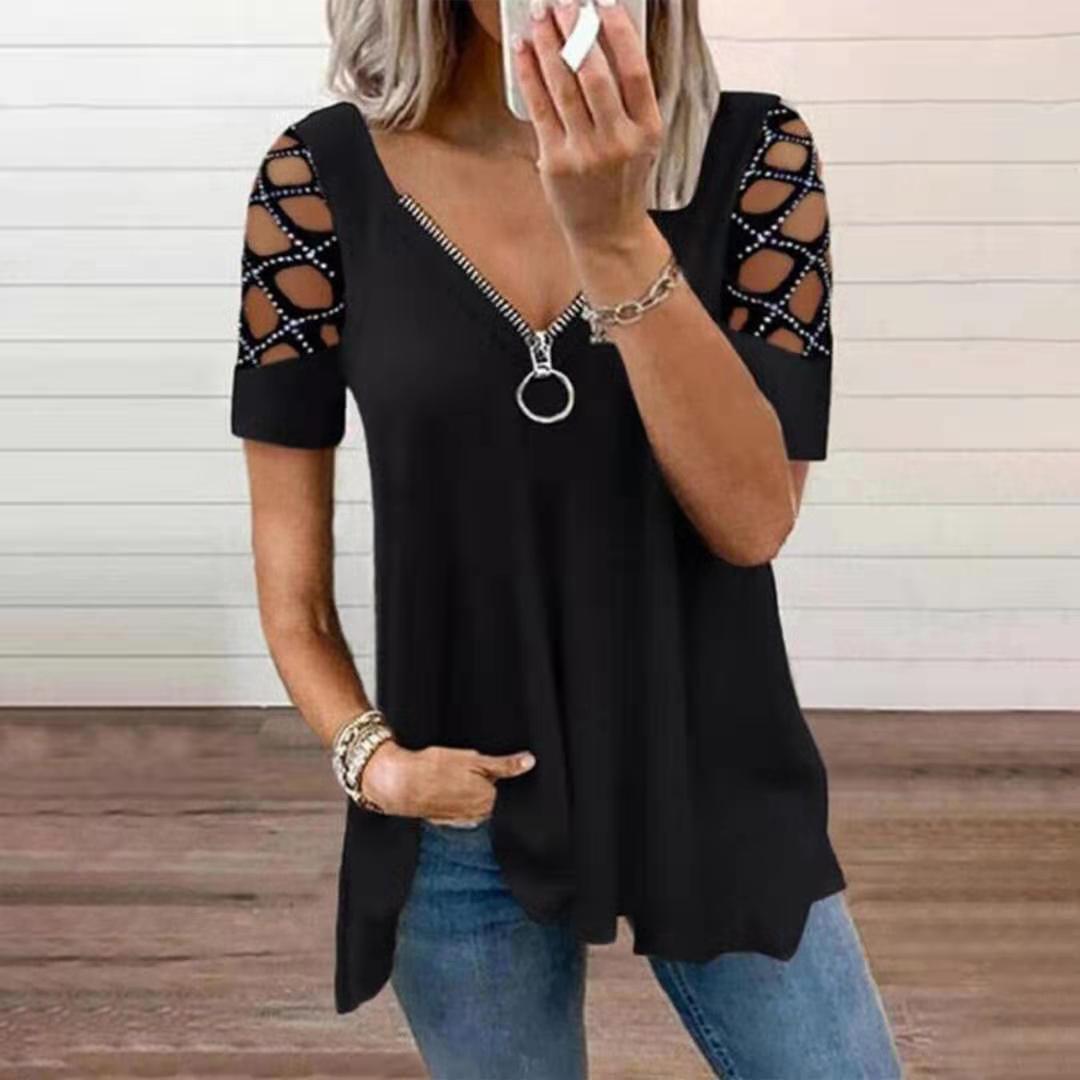 V-Neck Hollow-Out Short Sleeve Rhinestone Top