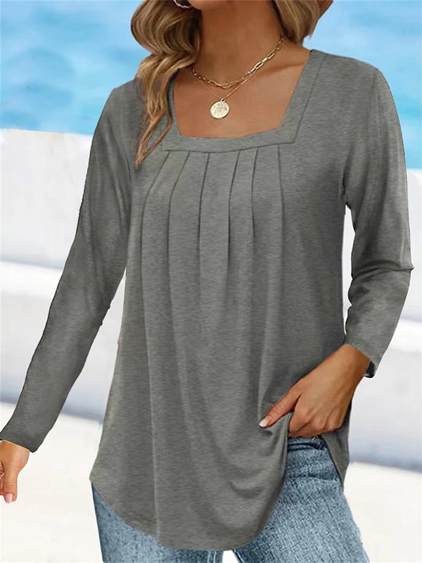 Women's Ruched Square Neck Long Sleeve Cotton-Blend T-Shirt