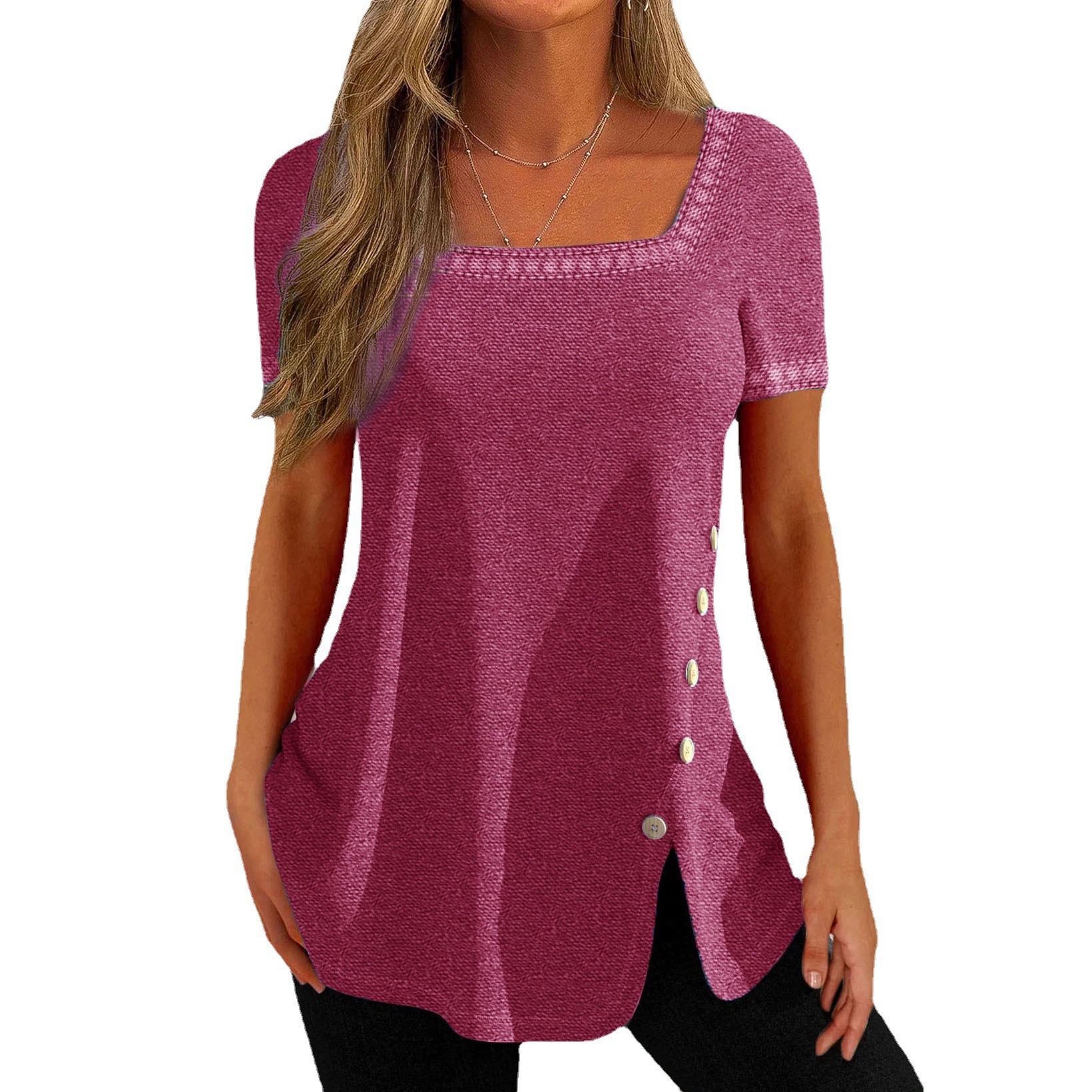 Women's Printed Button Slit Short Sleeve T-Shirt
