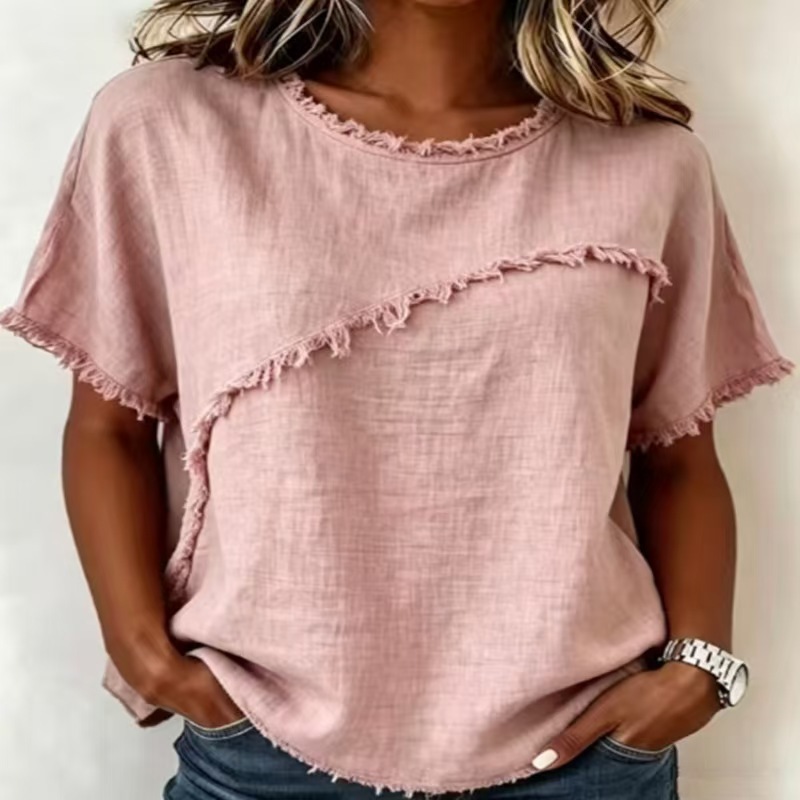 Women's Crewneck Short Sleeve Fringe Spliced Shirt