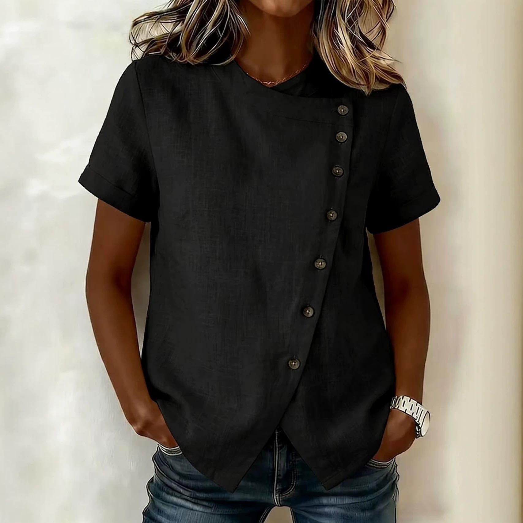Women's Solid Cross Round Neck Short Sleeve Loose Irregular Top