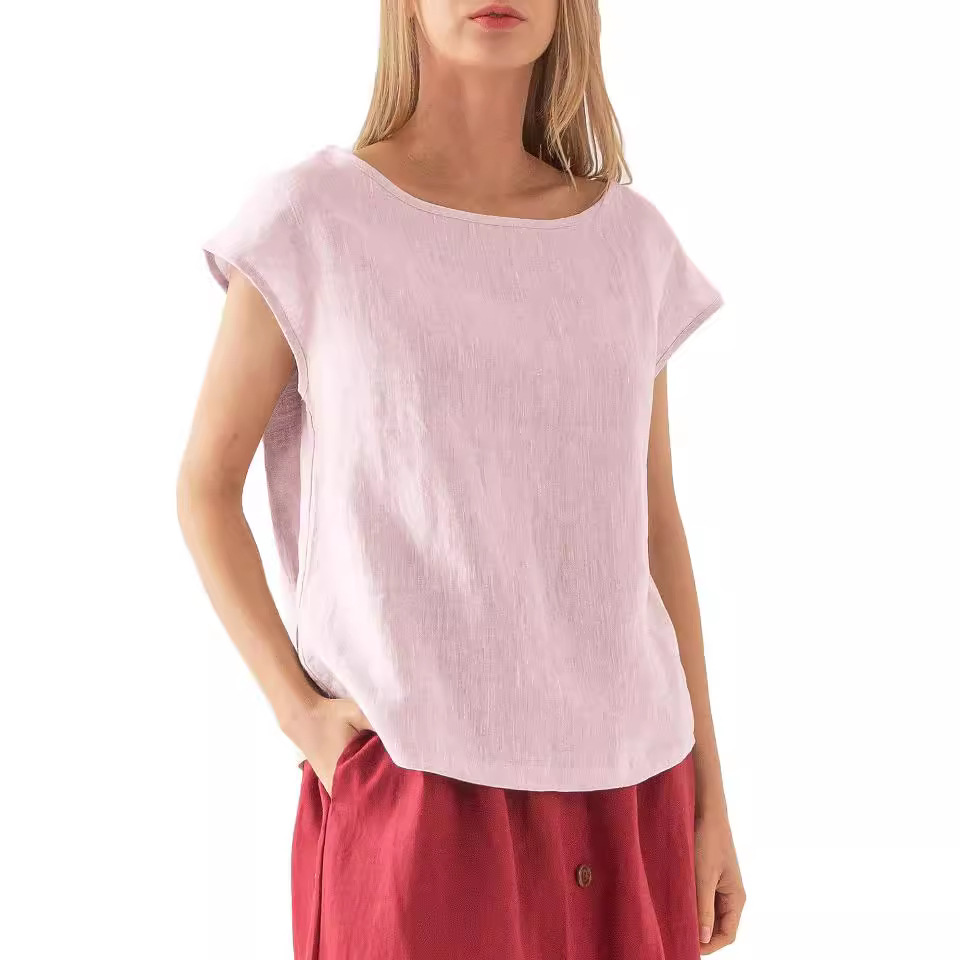 Women's Linen Short Sleeve Crewneck T-Shirt Solid Color Loose Fit