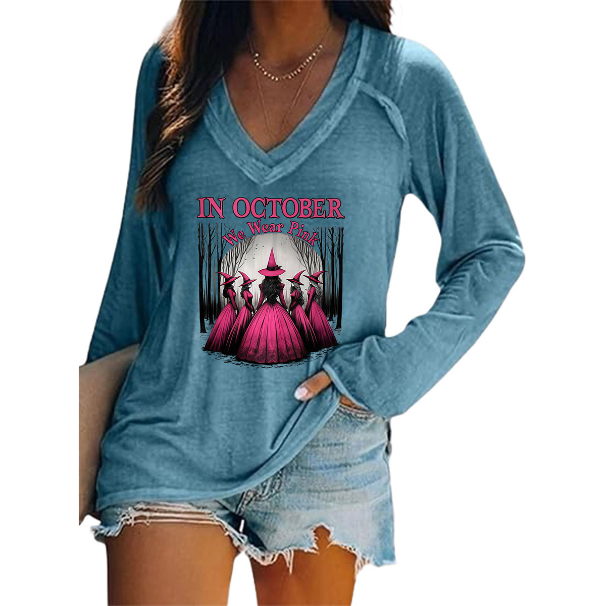 Women's Halloween Witch Hat Print V-Neck Long Sleeve T-Shirt