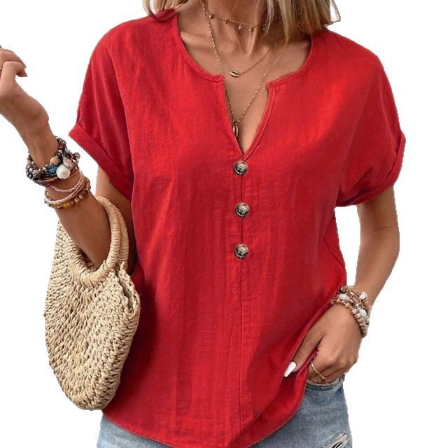 Women's Button V-Neck Short Sleeve T-Shirt