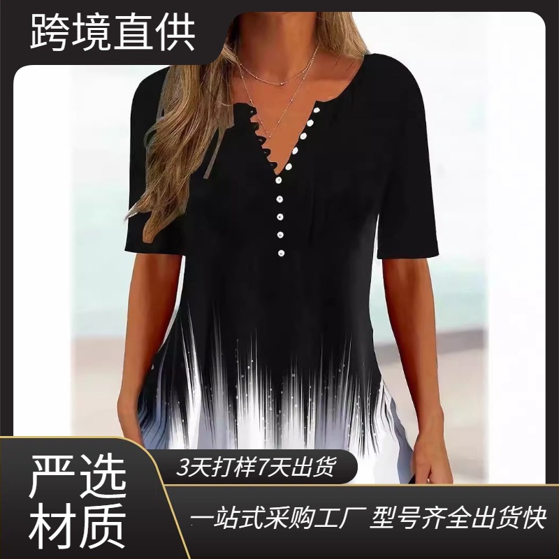 Women's Loose V-Neck Floral Print Pleated Button Short Sleeve Shirt