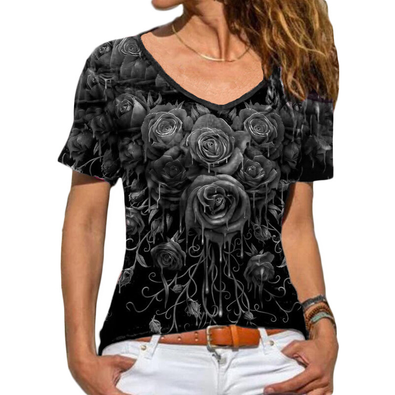 Women's Short Sleeve Rose Print T-Shirt Casual Round Neck Top