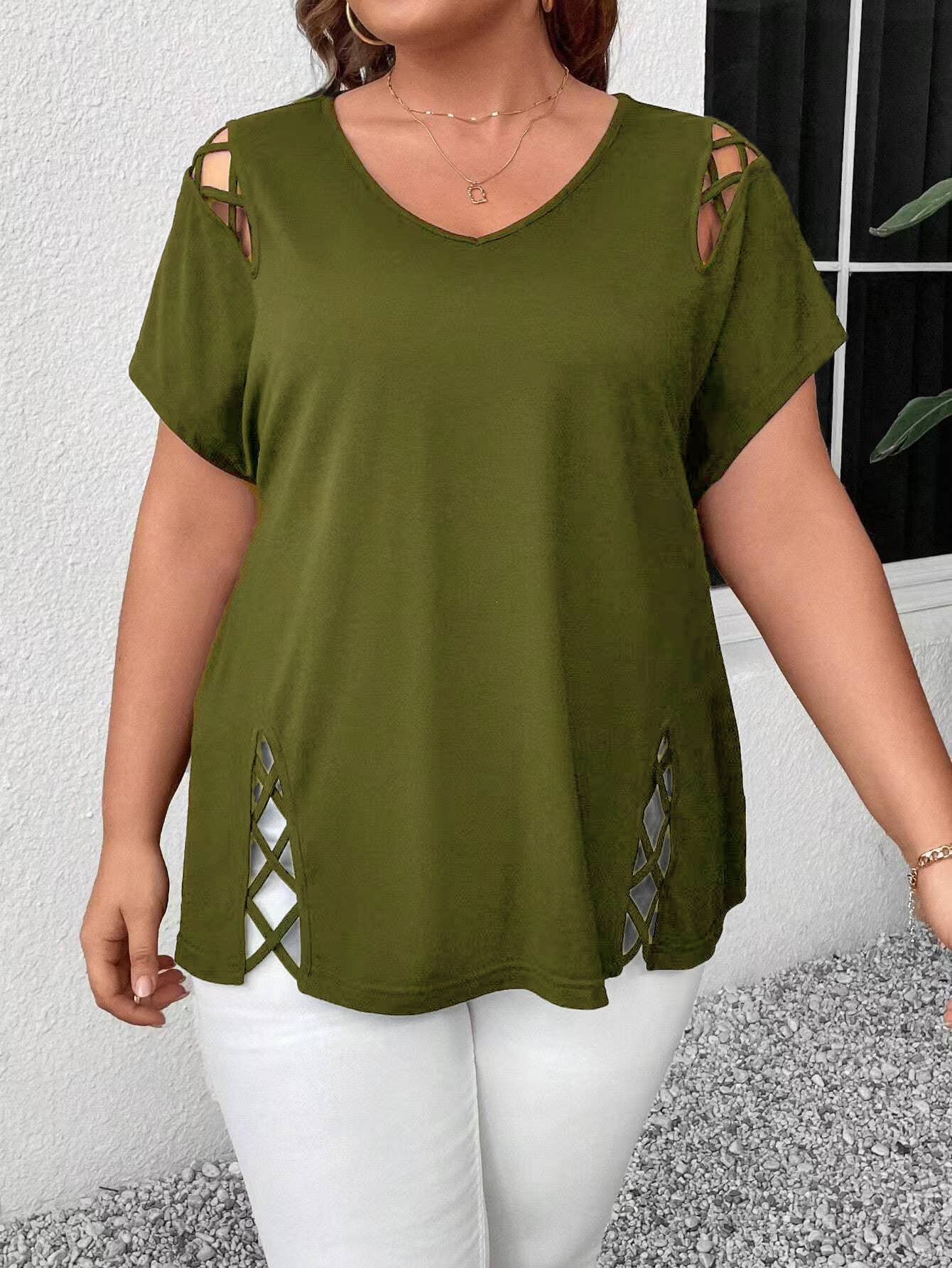 Plus Size V-Neck Cross-Strap Short Sleeve T-Shirt