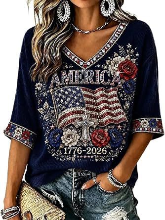 Women's American Flag Firework Print V-Neck Short Sleeve T-Shirt