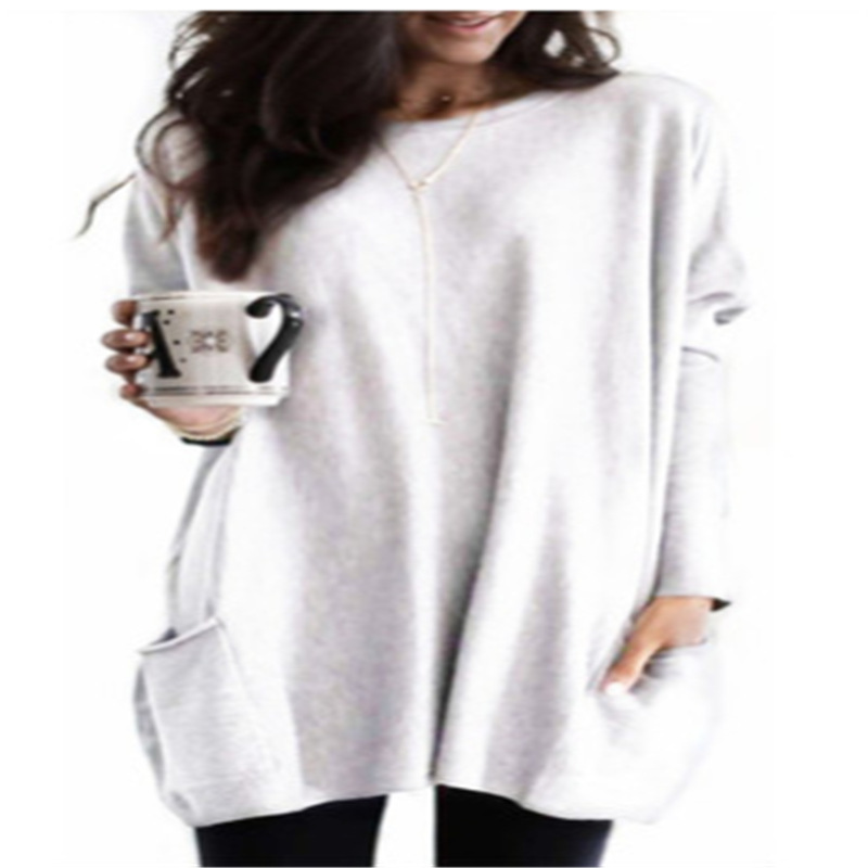 Women's Long Sleeve Pocket T-Shirt Casual Loose Fit Crew Neck Solid Color