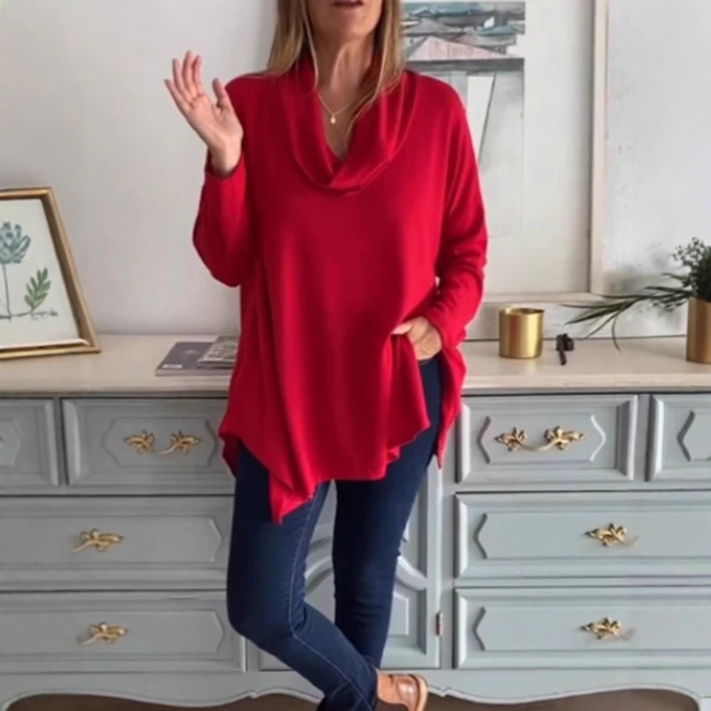 Women's Solid Color Cowl Neck Long Sleeve Top