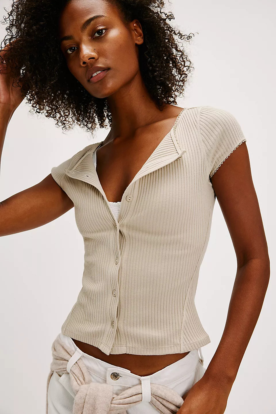 Sexy Ribbed Button-Front Short-Sleeve Cardigan Top Solid Color T-Shirt for Women
