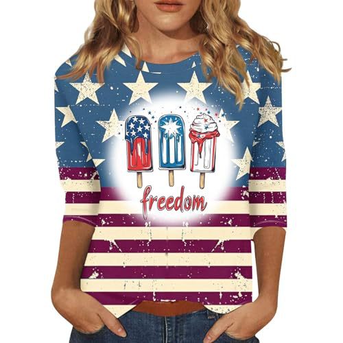 Summer American Flag Print Crewneck Short Sleeve Top