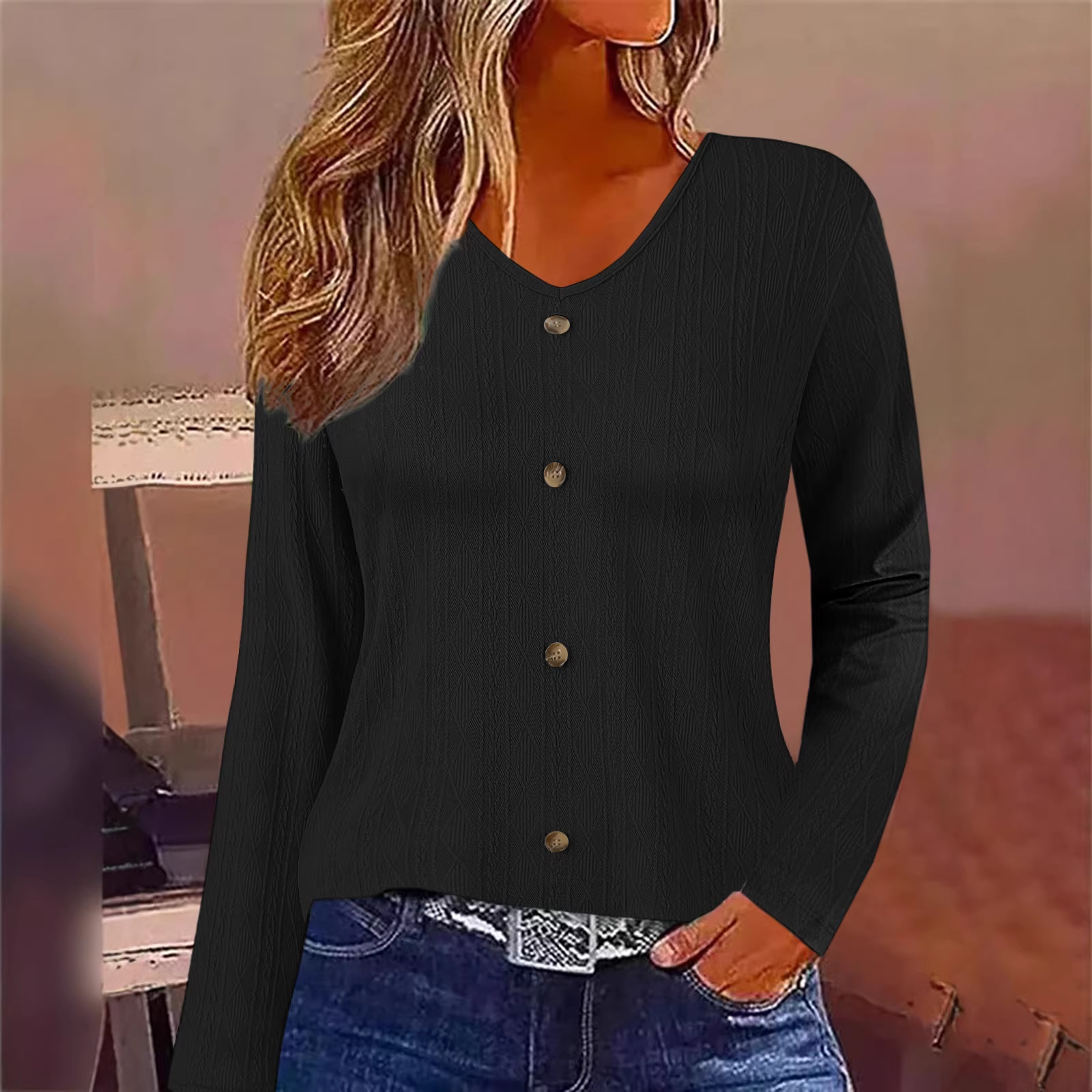 Women's V-Neck Long Sleeve Top Casual Loose Fit