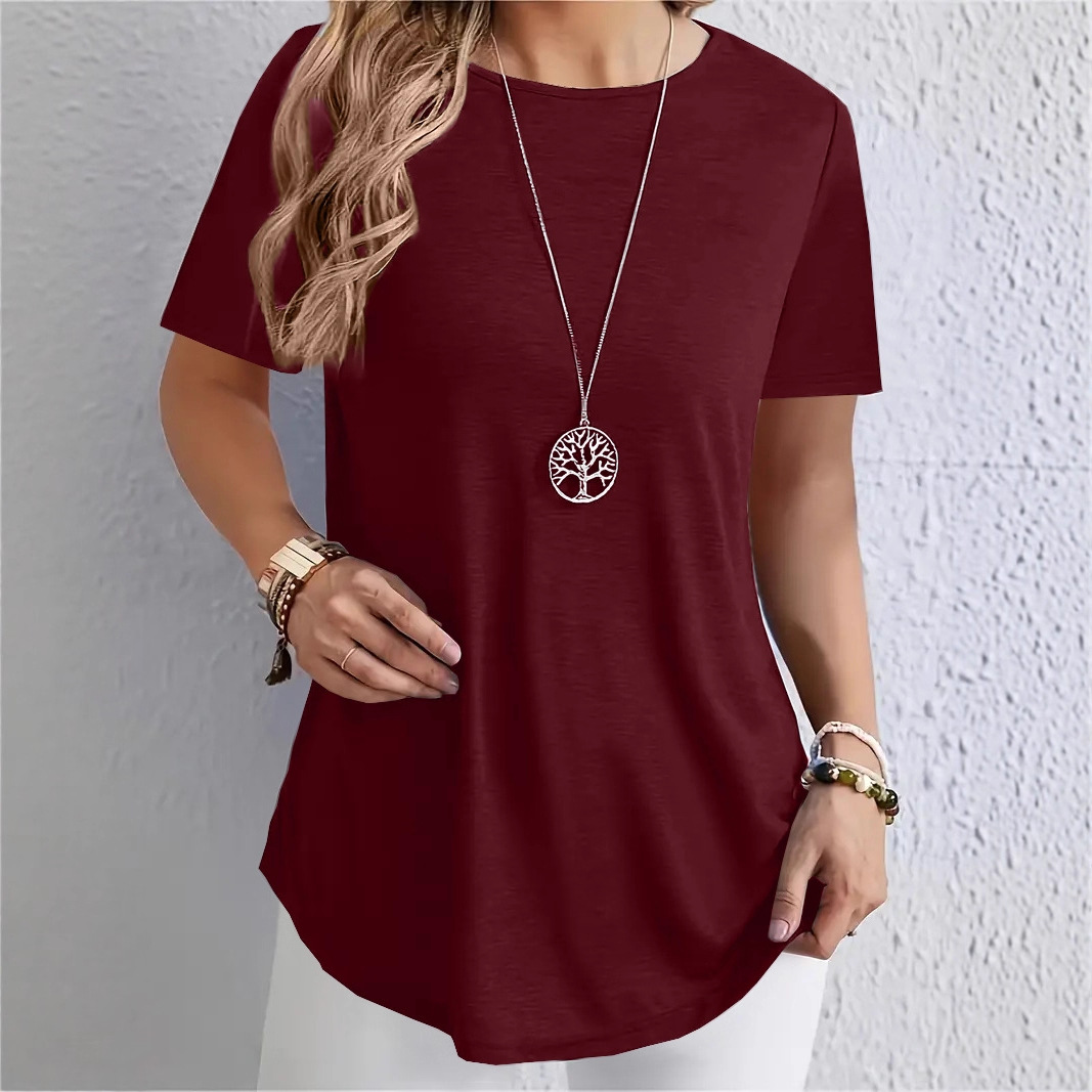 Women's Curved Hem Button Short Sleeve Top