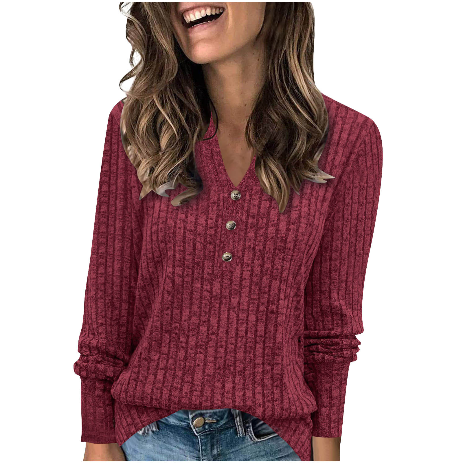 Women's V-Neck Ribbed Brushed Button-Detail Long-Sleeve T-Shirt