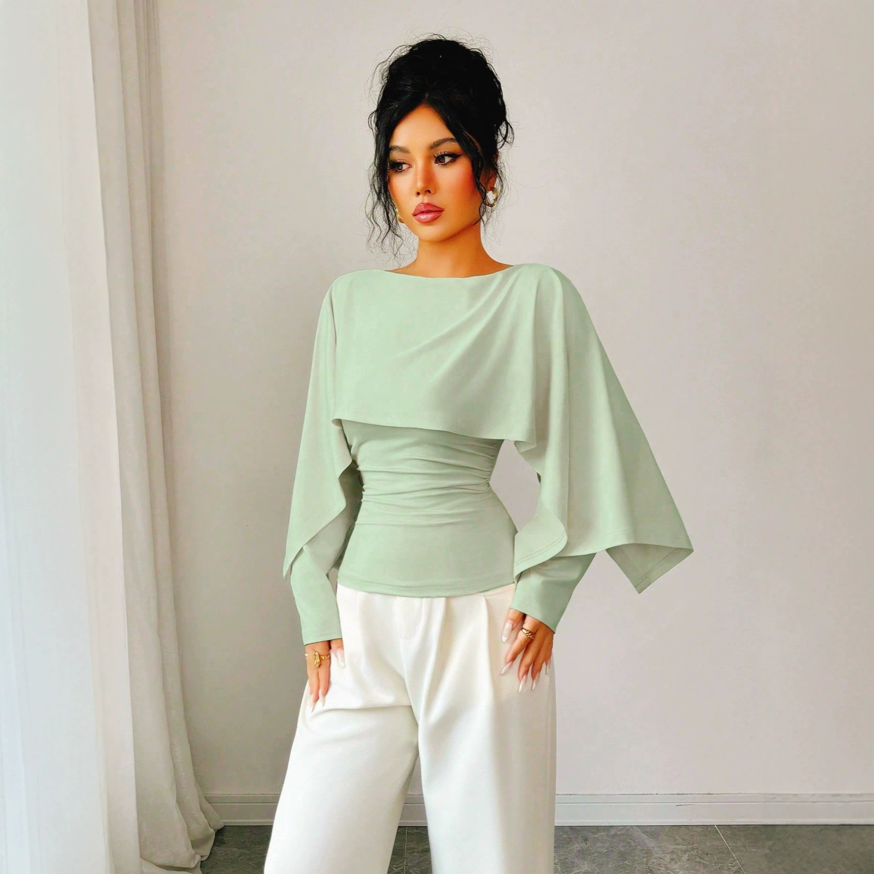 Women's Cape-Style Slimming Knit Top Crew Neck Long Sleeve