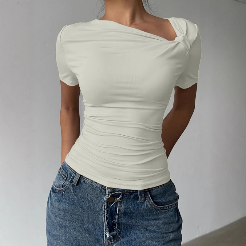 Women's Slim Fit Short Sleeve T-Shirt with Asymmetric Neck and Cutout Detail