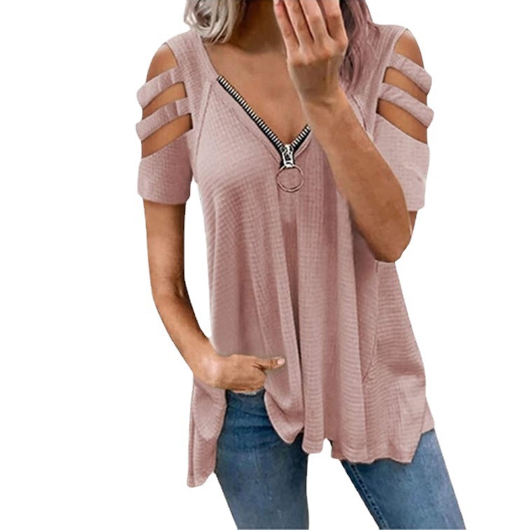 Women's Cold-Shoulder Short-Sleeve V-Neck Zip Solid T-Shirt Top