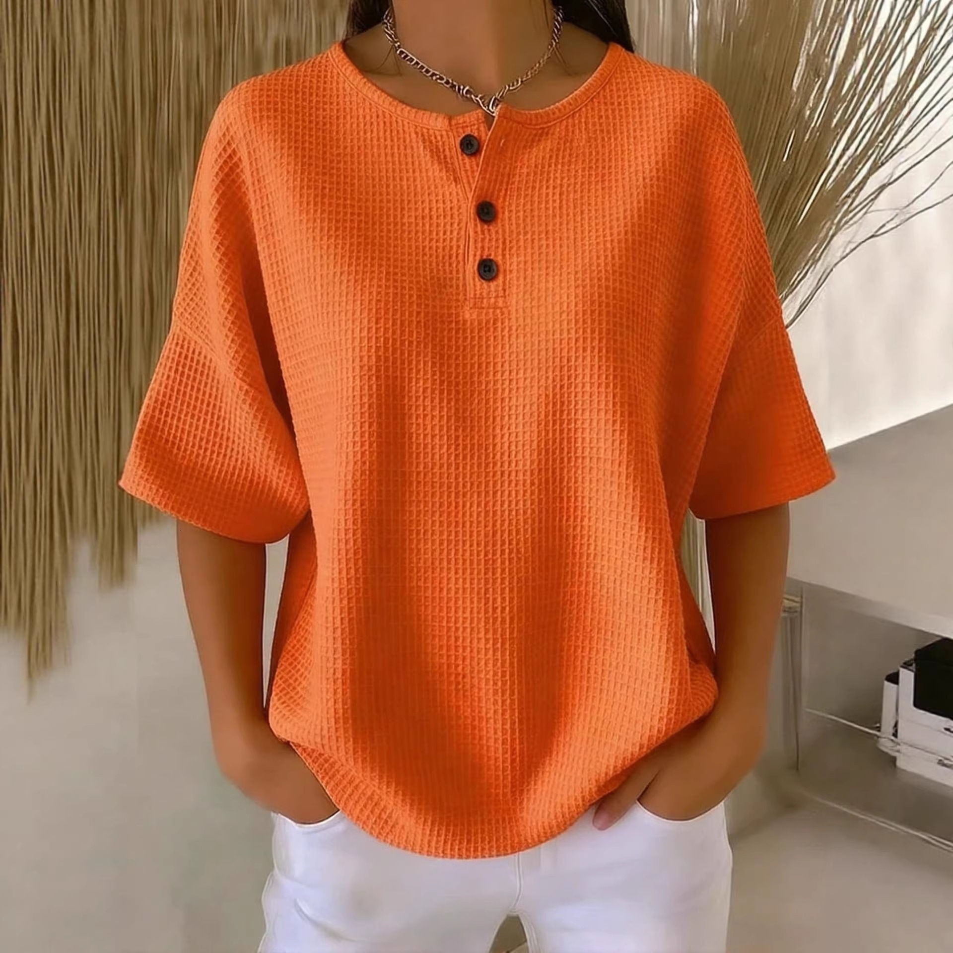 Waffle Knit Crewneck Short Sleeve Top