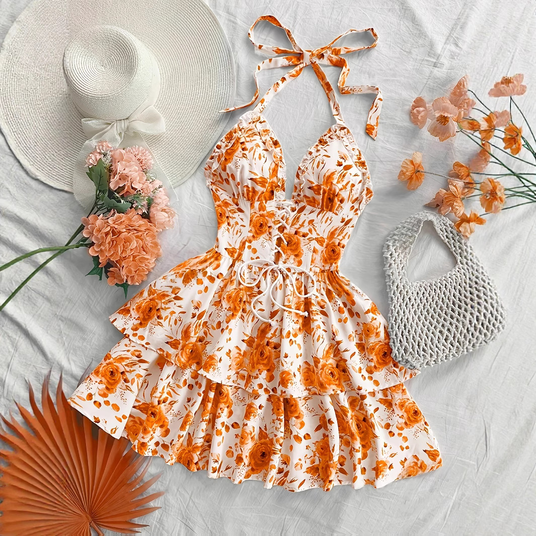 Women's Vintage Blue & White Watercolor Rose Print Tie-Neck Ruffle Dress