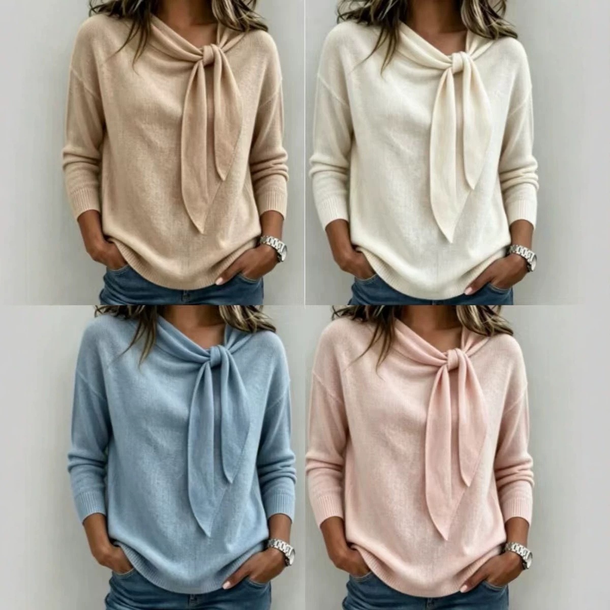 Women's Bow-Tie Neck Knit Long-Sleeve Top Solid Color Loose Casual Tee