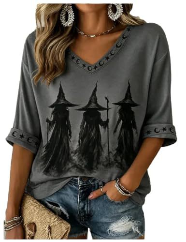 Halloween Witch Print V-Neck Half-Sleeve Women's T-Shirt