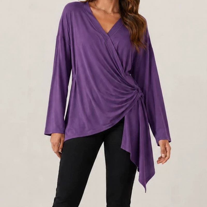 Women's Tie-Front Solid V-Neck Long Sleeve Casual Top