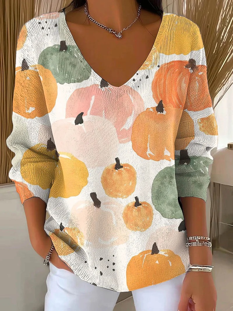 Women's V-Neck Long-Sleeve Cat Floral Pumpkin Print T-Shirt